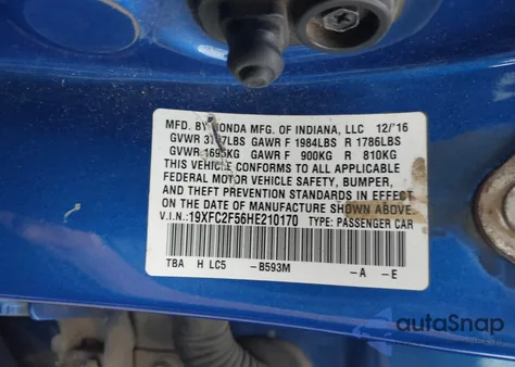 2017 Honda Civic Lx из США, поврежденный, VIN 19XFC2F56HE210170